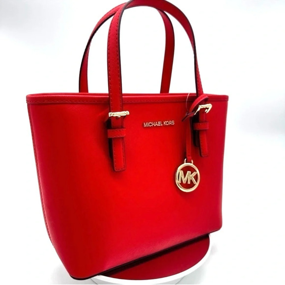 Michael Kors Jet Set Travel Extra-Small Top Zip Tote Bag Red/Gold - Picture 2 of 9
